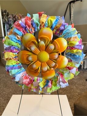 Colorful cloth Wreath with Orange Metal Flower Center - Home Party Decor